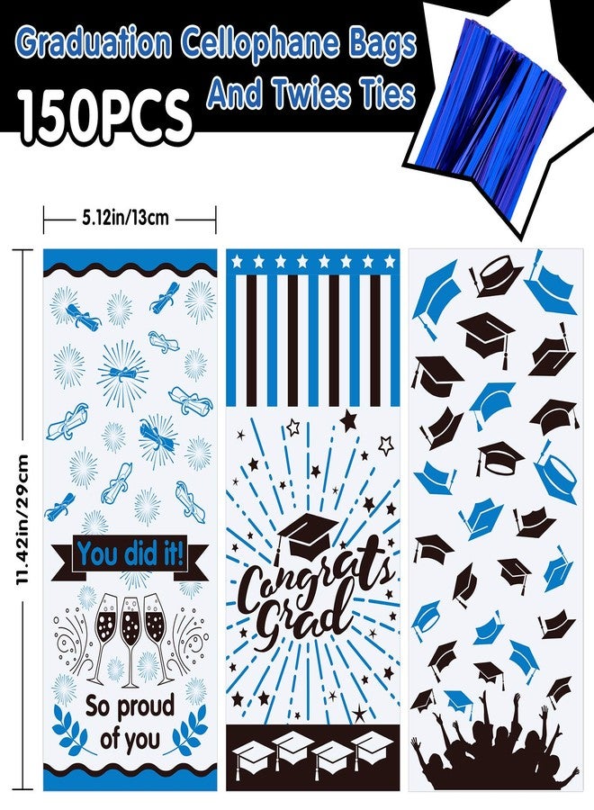 Whaline 150Pcs Graduation Cello Bag, 3 Style Candy Cellophane Bags with Blue Twist Tie, Congrats Grad Gifts Bags Party Favors Treat Bags for Graduation Party Table Setting (Blue Black) - Image 2
